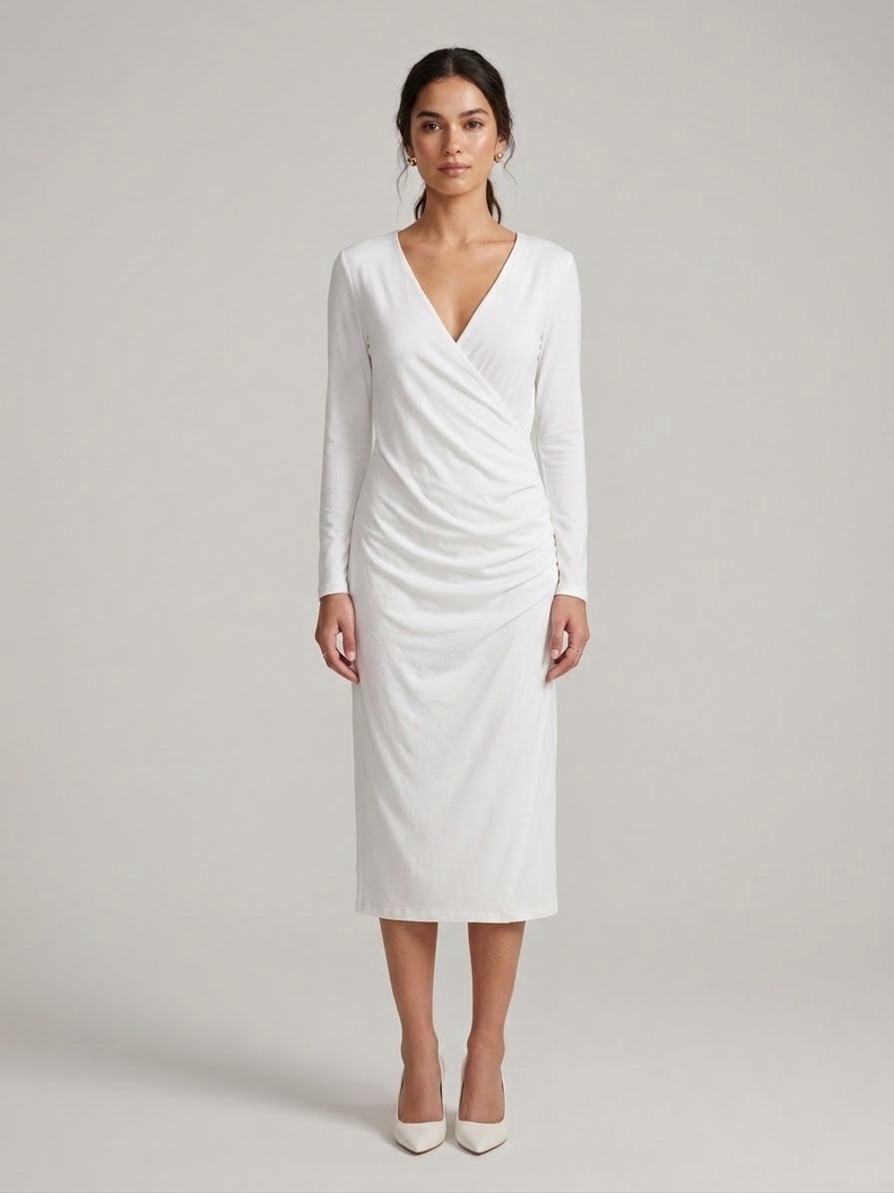 James Perse White Cotton Stretch Draped Ruched Wrap Dress Size 1